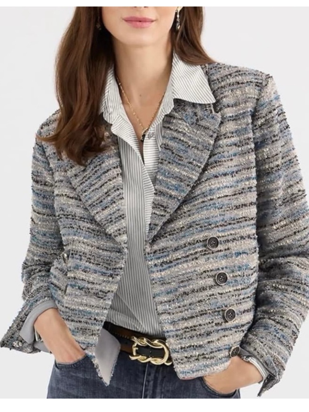 CAbi Silver and Charcoal Striped Textured Double-Breasted Radiance Blazer #4676